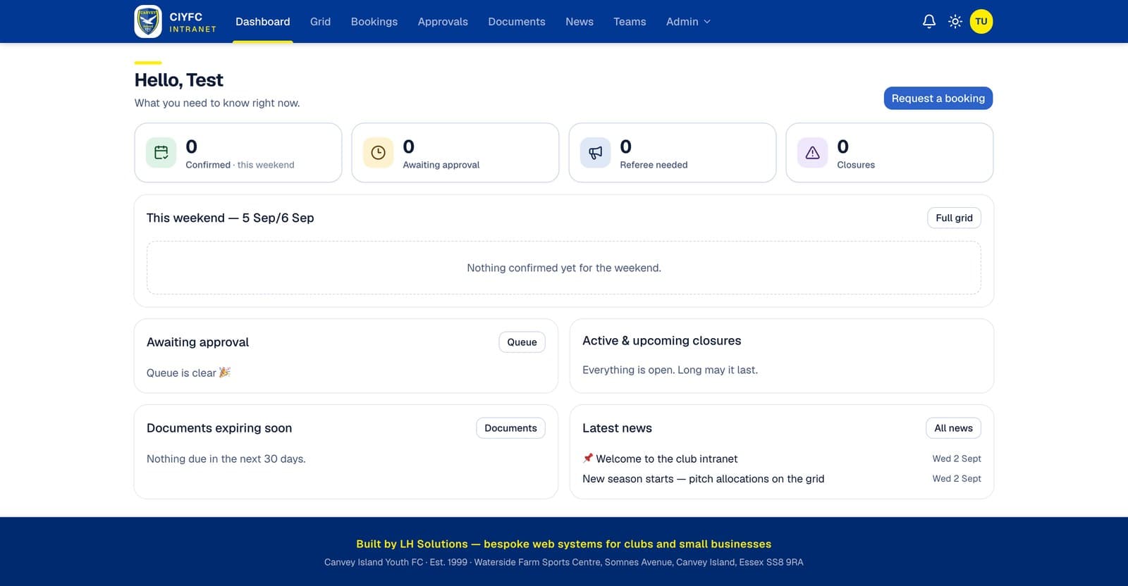 Canvey Island Youth FC Club intranet — main screen