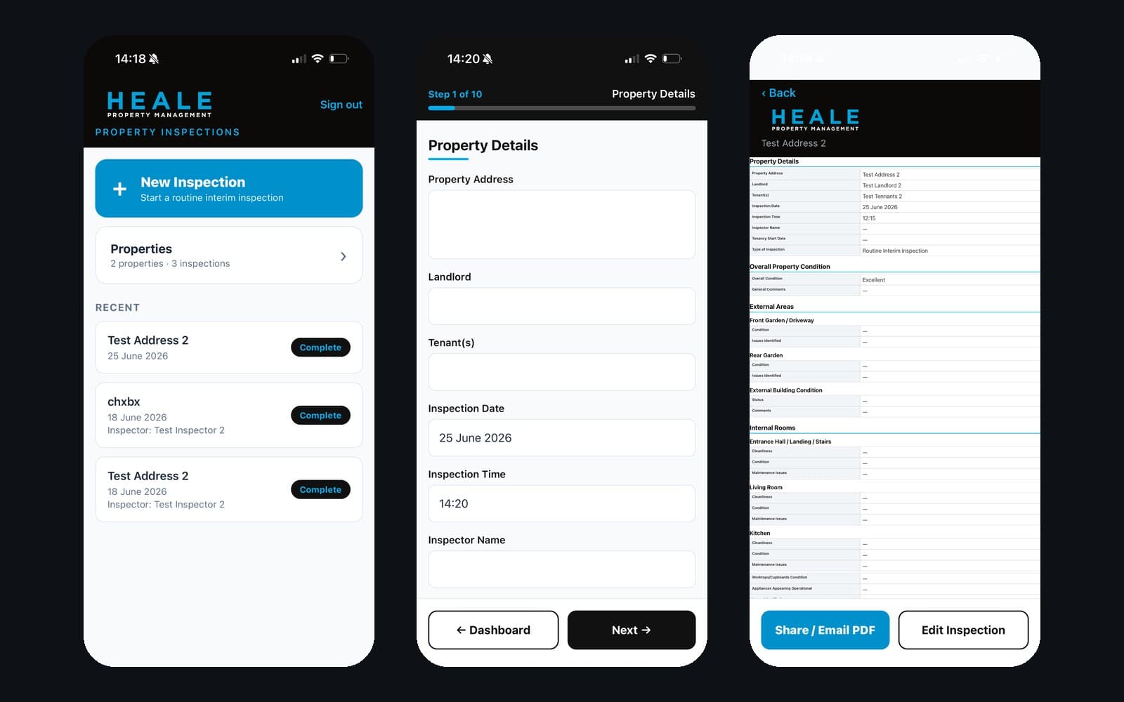 Heale Property Management HPM Inspections app — main screen