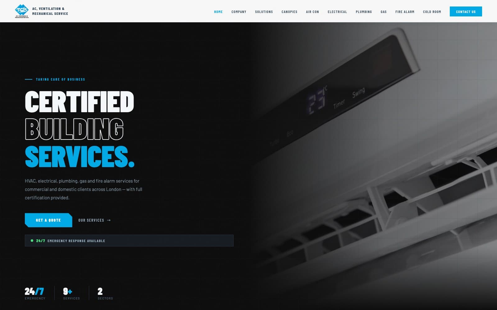 TCB Ventilation Company website — main screen